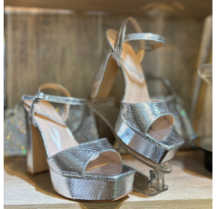 Sandales plateforme peau de serpent argenté