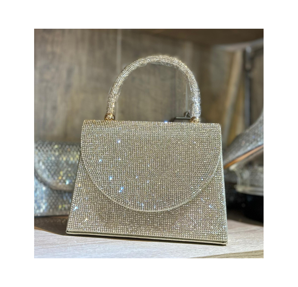 Pochette carrée à strass doré avec poignée ronde