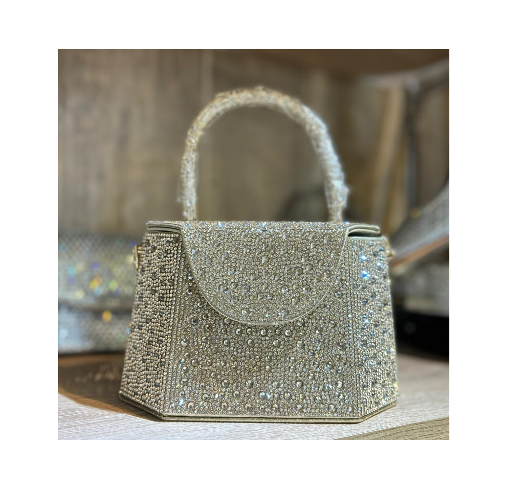 Pochette géométrique à strass doré avec poignée ronde