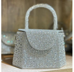 Pochette géométrique à strass argenté avec poignée ronde