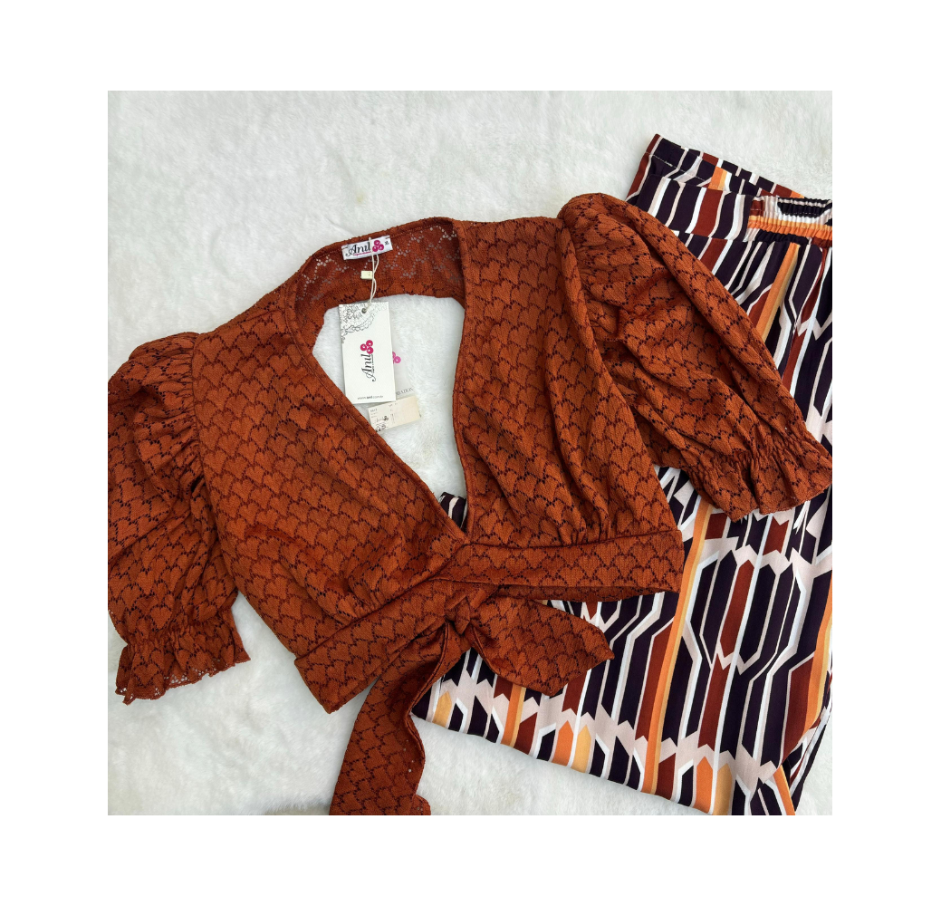 Pyjama crop top, pantalon marron