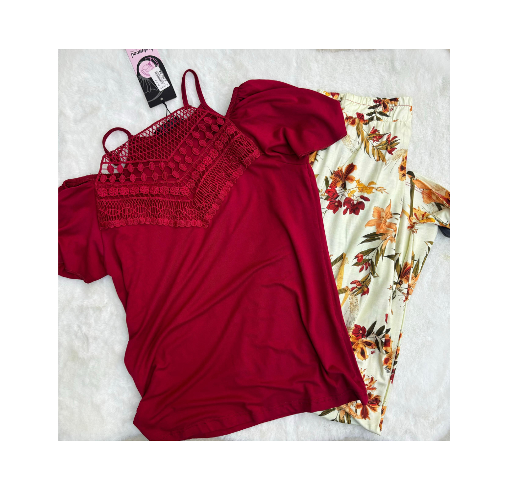 Pyjama haut dentelle grenat et pantalon