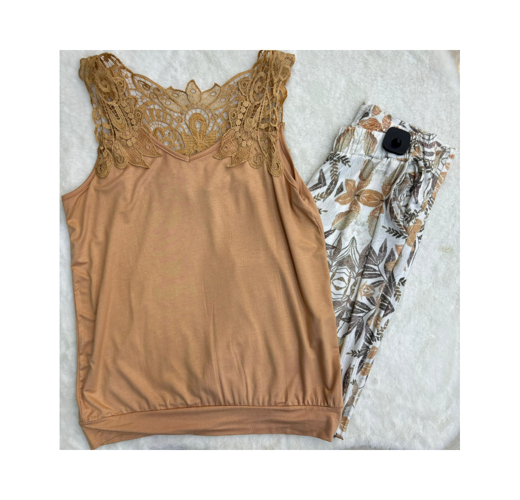 Pyjama haut beige foncé pantalon imprimé