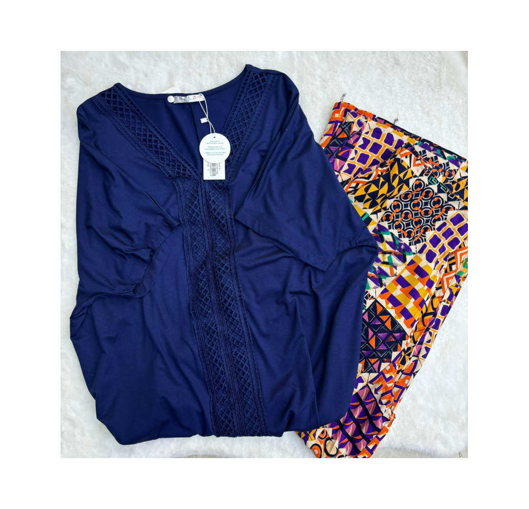 Pyjama haut bleu nuit et pantalon imprimé