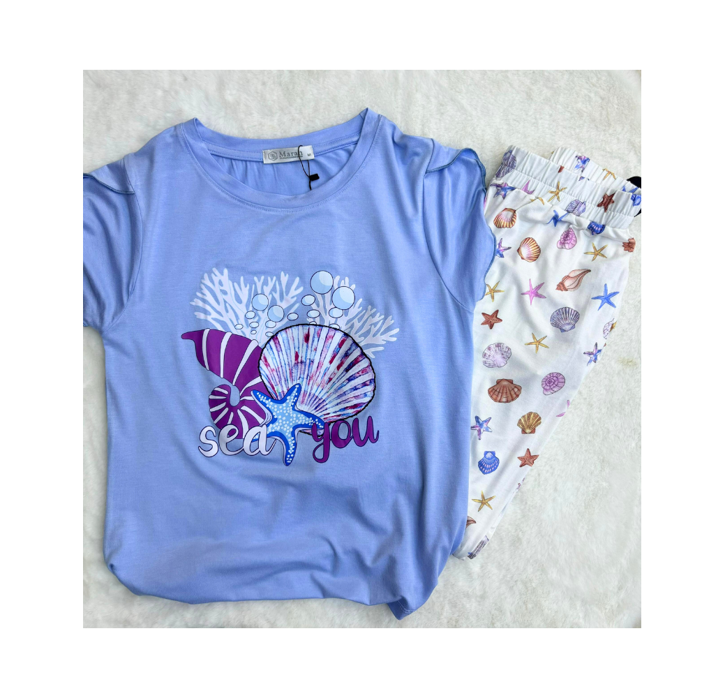 Pyjama haut bleu pantalon imprimé