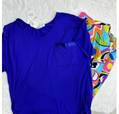 Pyjama haut bleu pantalon imprimé