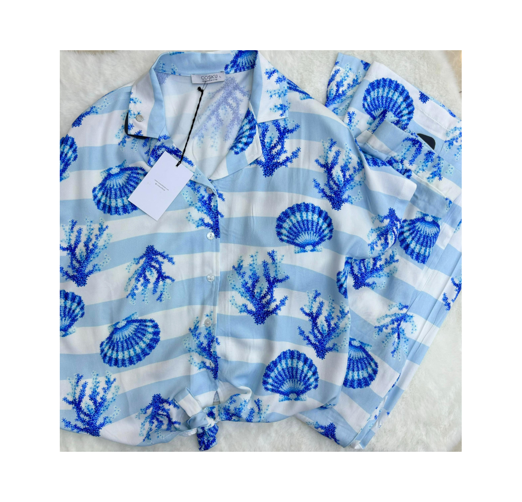 Pyjama deux pièces coquillage bleu